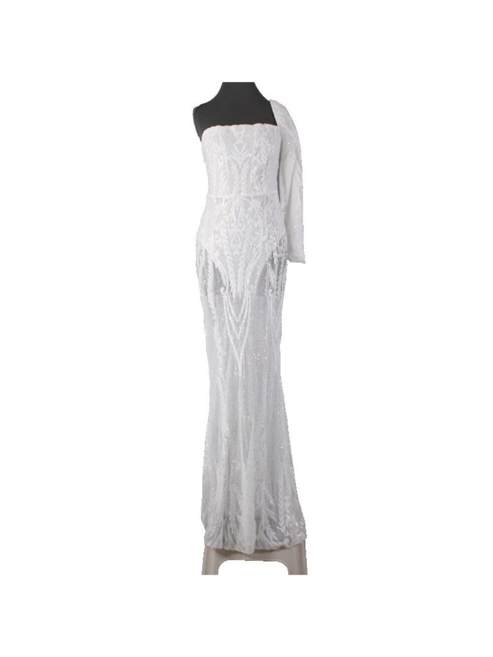 Miss Ord Dress NWT Sz L White Sequin One Shoulder Sheer Legs Mesh Cotton Poly